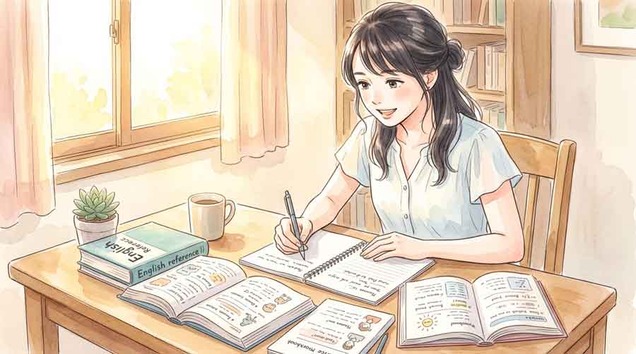 英語の参考書と問題集を広げてノートに書き込む女性