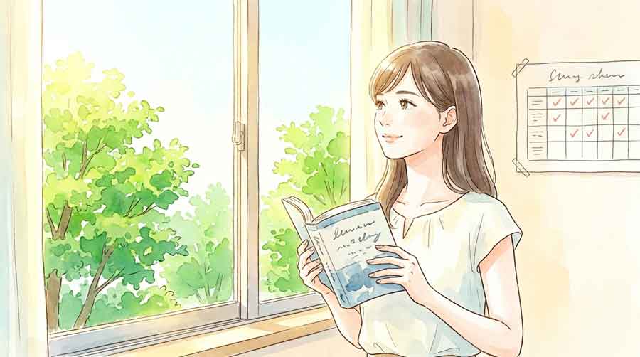 夏の窓辺で英単語帳を手に勉強している女性