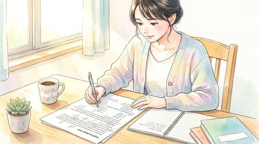 ノートにメモを取りながら英語の問題を解く女性
