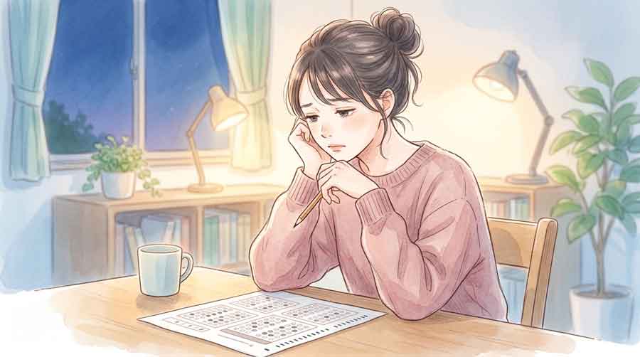 模試の答案用紙を前に頭を抱えてうなだれる女性