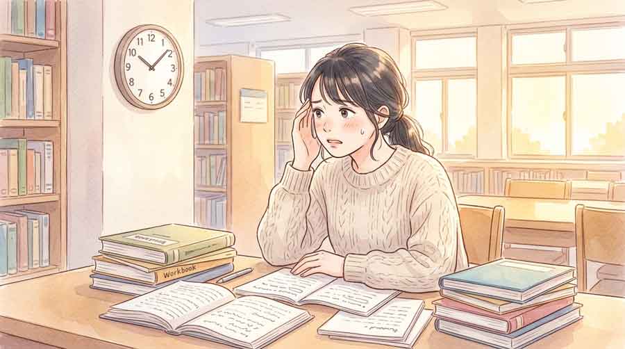 英語の教科書と時計を前に焦った表情で勉強する女性
