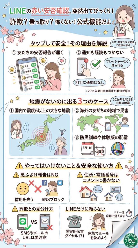LINEに突然赤い安否確認が出てびっくり！タップしていい？地震がないのに出る理由を解説インフォグラフ