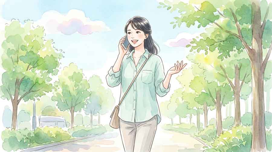 外で歩きながら家族に電話をかけて安否を伝えている女性