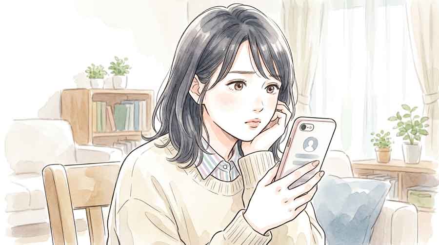 スマートフォンの画面に友だちの名前が表示されて首をかしげる女性のイラスト