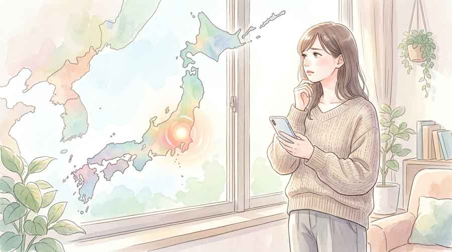 日本地図の上に「地震発生」のアイコンが光り、遠くの地域にいる女性がスマホを確認するイラスト