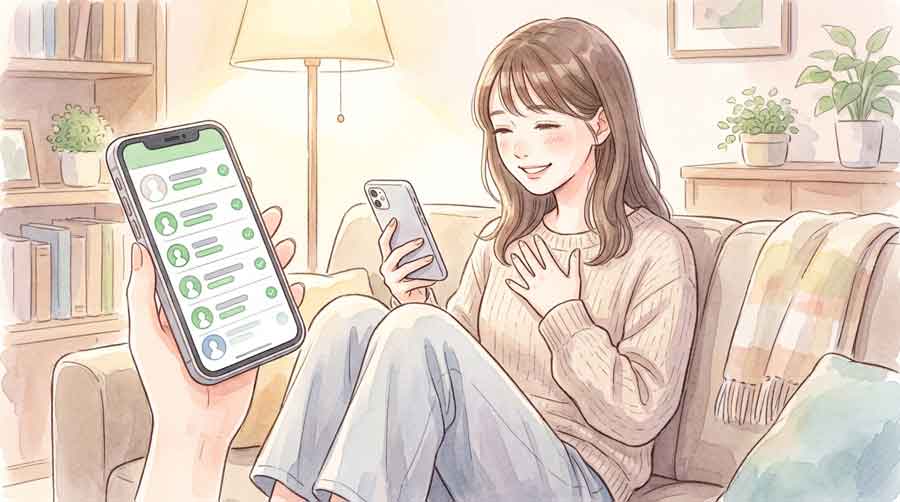 スマートフォンで友だちの安否状況一覧を確認して安心する女性