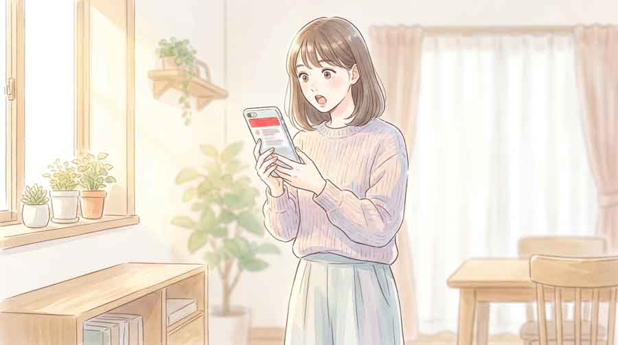 スマートフォンの画面に赤いLINE安否確認バナーが表示されて驚く女性