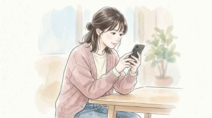 PIC5 | alt: スマートフォンの画面を注意深くチェックして安心した表情の女性
