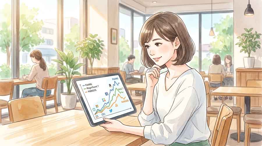 FAANGからMANGOSへの世代交代を示すグラフを見て考え込む女性のイラスト