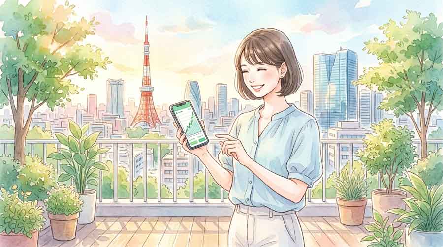 日本の都市風景を背景にスマートフォンで株価チャートを確認して明るい表情の女性のイラスト