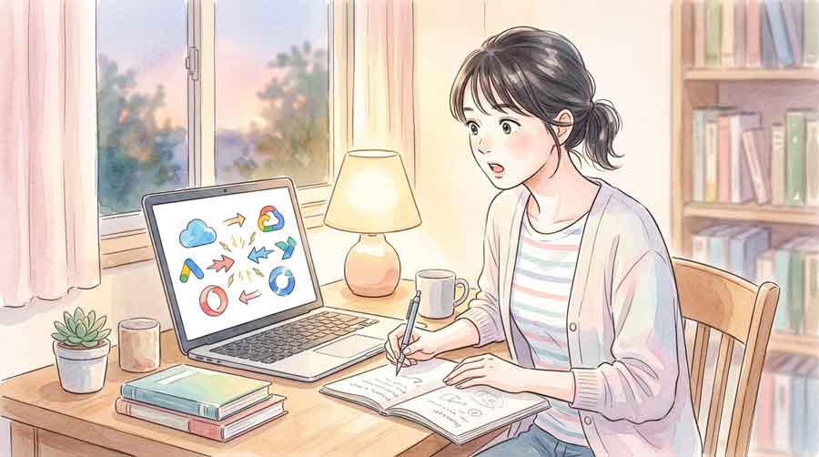 ライバル企業のロゴがアイコン上で火花を散らすイメージを見て驚く表情の女性のイラスト