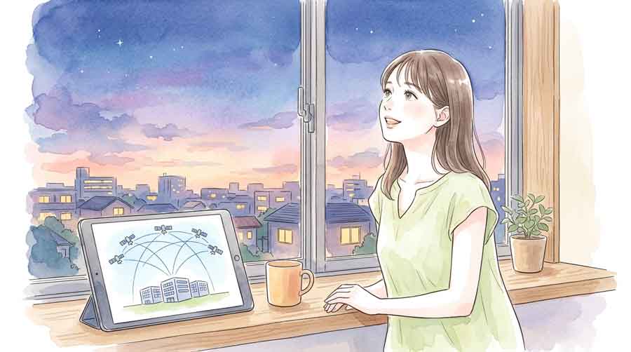 : 宇宙に浮かぶStarlinkの衛星群と地上のデータセンターが光の回線で繋がる様子を眺める女性のイラスト