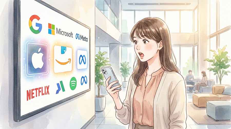 有名テック企業のロゴが並ぶ中でAppleとAmazonに確認マークがない図を見て驚く女性のイラスト