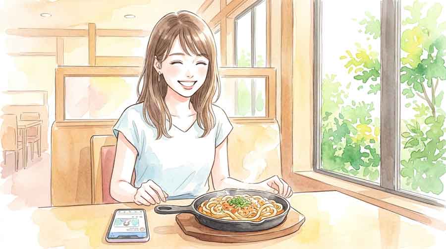 どんメシを前においしそうに笑う女性のイラスト