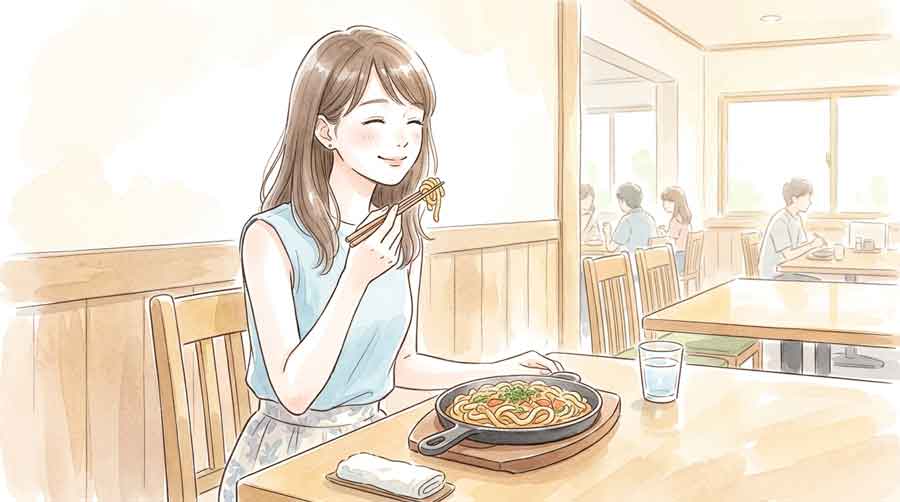 カロリーや健康を忘れてうどんメシを楽しむ女性のイラスト