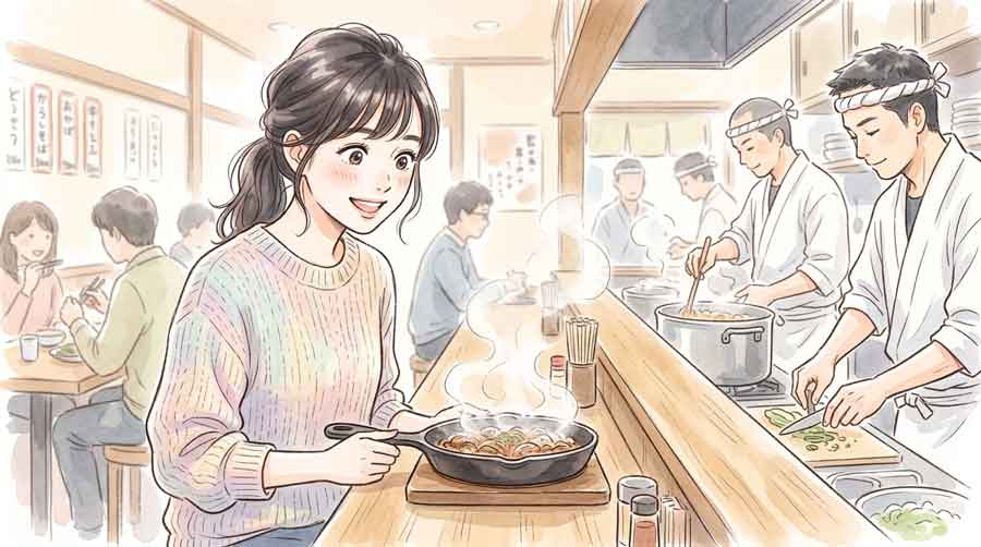 鉄板パンから上がる湯気と香りに喜ぶ女性のイラスト