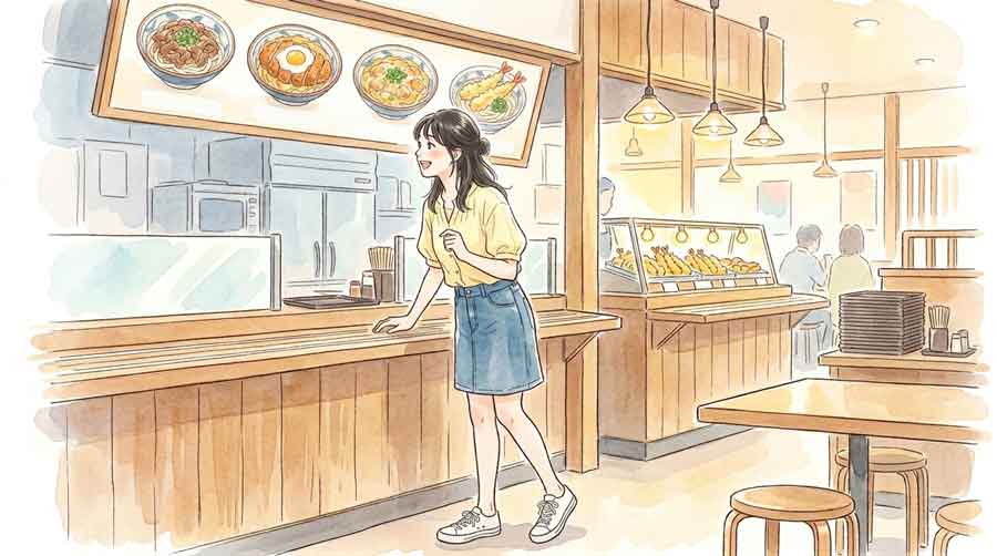 丸亀製麺の店内で焼き上げ中のメニューを前に期待する女性