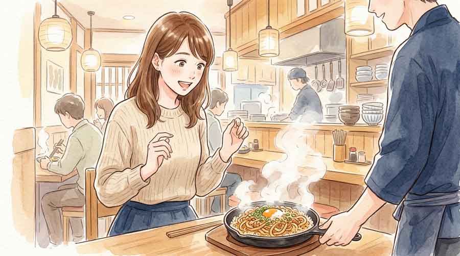 鉄板パンで焼き上げられるうどんメシを見て驚く女性のイラスト