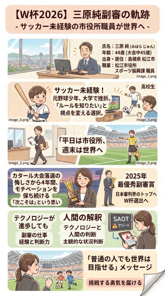 【W杯2026】三原純副審とは何者?サッカー未経験の市役所職員が世界へ羽ばたく感動秘話インフォグラフ