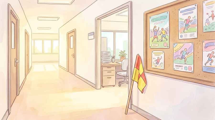 市役所の廊下で書類を持って歩く女性のイラスト