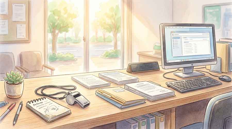 広い公共施設の窓口で笑顔で働く女性のイラスト