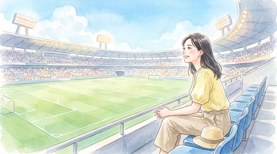 大きなスタジアムの客席から緑のピッチを見渡す女性のイラスト