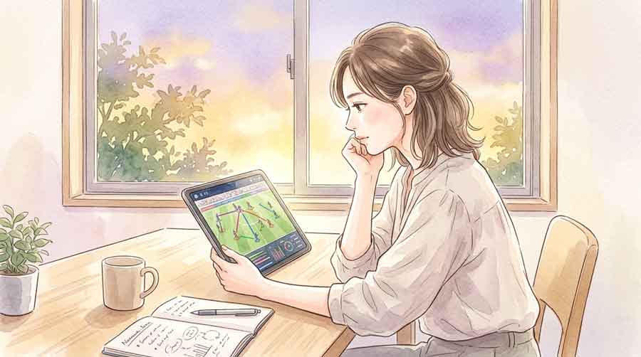 タブレットで試合の映像分析をしながら真剣な表情で画面を見る女性のイラスト