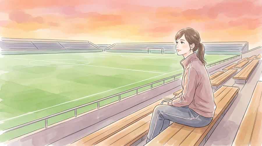 夕暮れのグラウンドに一人立ち、遠くを見つめる凛とした表情の女性のイラスト