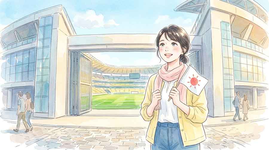 ワールドカップのスタジアムを背景に、興奮した表情で友人と話す日本人女性のイラスト