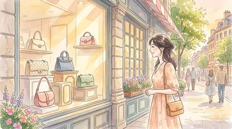 ショップウィンドウにハイブランドバッグが並ぶ様子を眺める夏の女性のイラスト