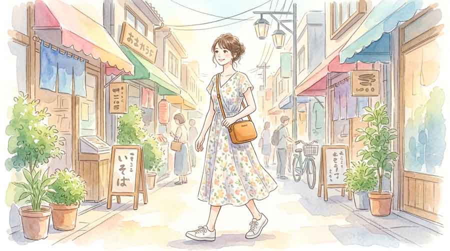 ビサイユのショルダーバッグを持って夏の街を軽やかに歩く日本人女性のイラスト
