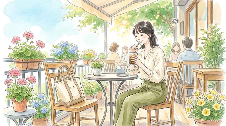 夏のカフェテラスで定番バッグを持ちながらリラックスする日本人女性のイラスト