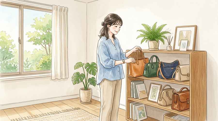 ミニマルな部屋でブランドバッグを並べて丁寧に選ぶ女性のイラスト