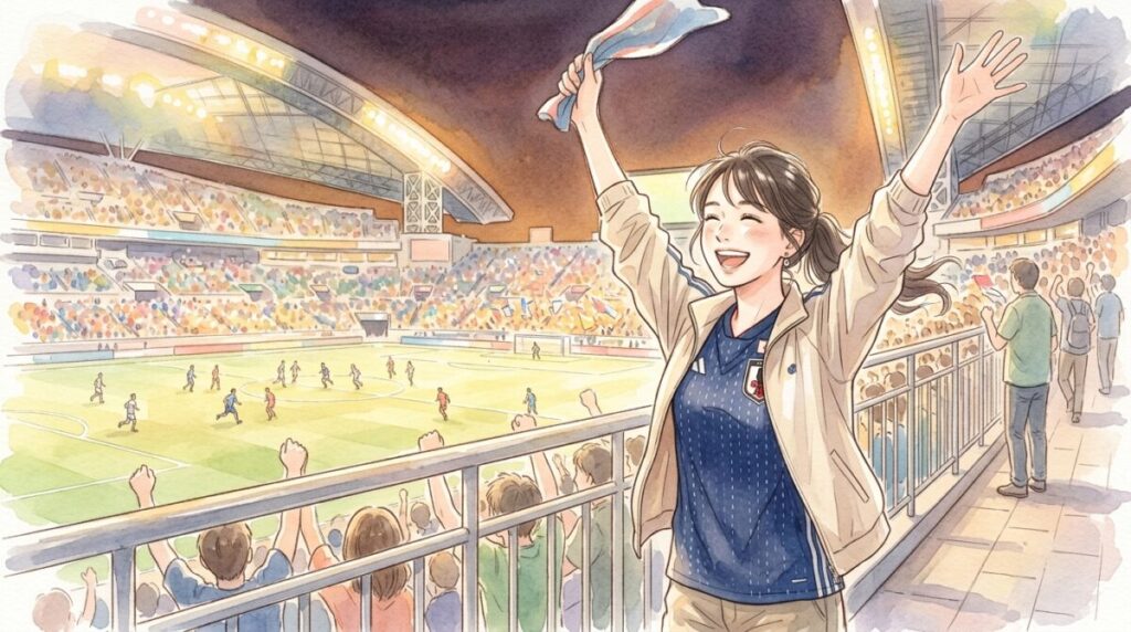  スタジアムのピッチサイドでガッツポーズする日本代表選手のイラスト