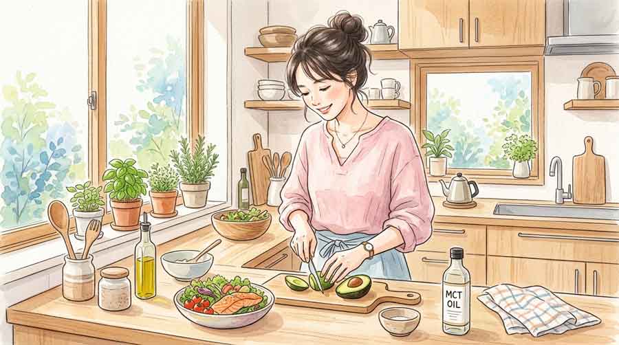 健康的な食事をキッチンで準備する女性のイラスト
