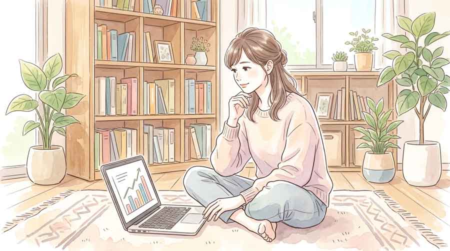 ノートとスマートフォンで投資について調べている女性
