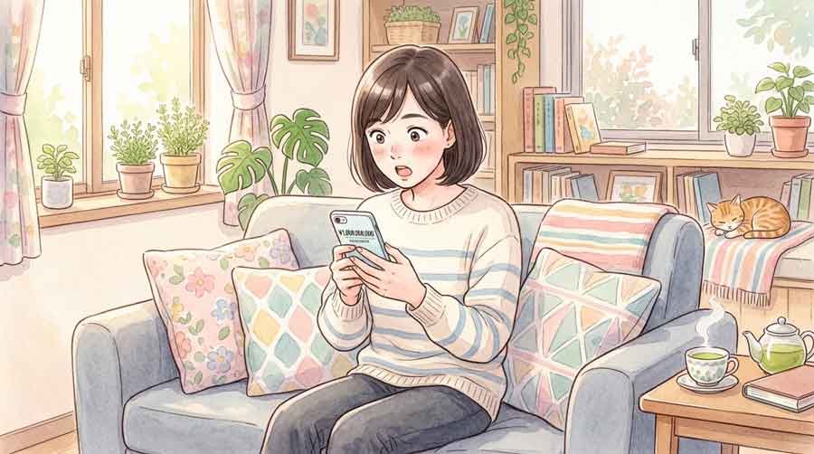 証券口座の画面を見ながら複雑な表情をする女性