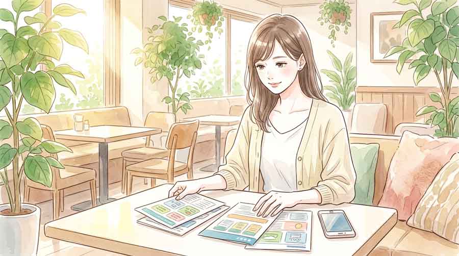 未来のテクノロジー企業のニュースを明るい表情で読む女性