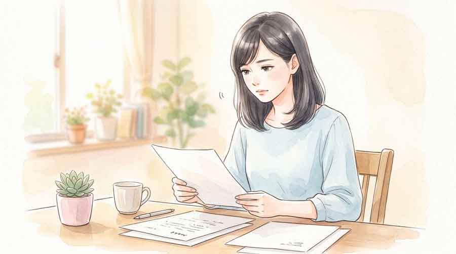  積立投資の画面を見つめながら考え込む女性