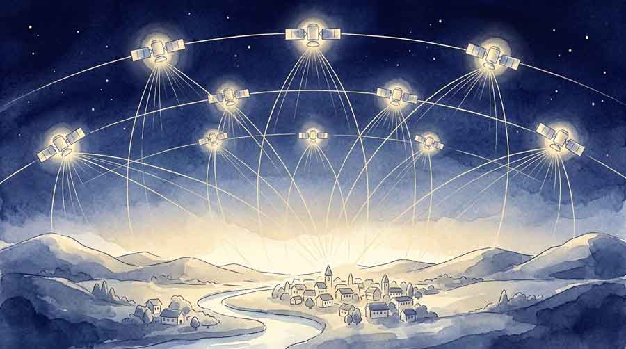夜空に輝く人工衛星と地上をつなぐ光通信のイメージイラスト