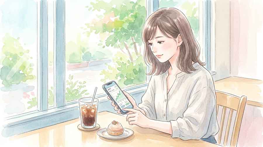 カフェでスマートフォンの株価チャートを確認している30代女性