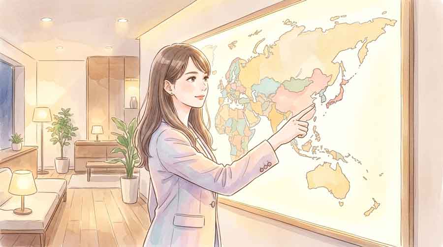 世界地図を指しながら国際連携の戦略を話し合うビジネスウーマン