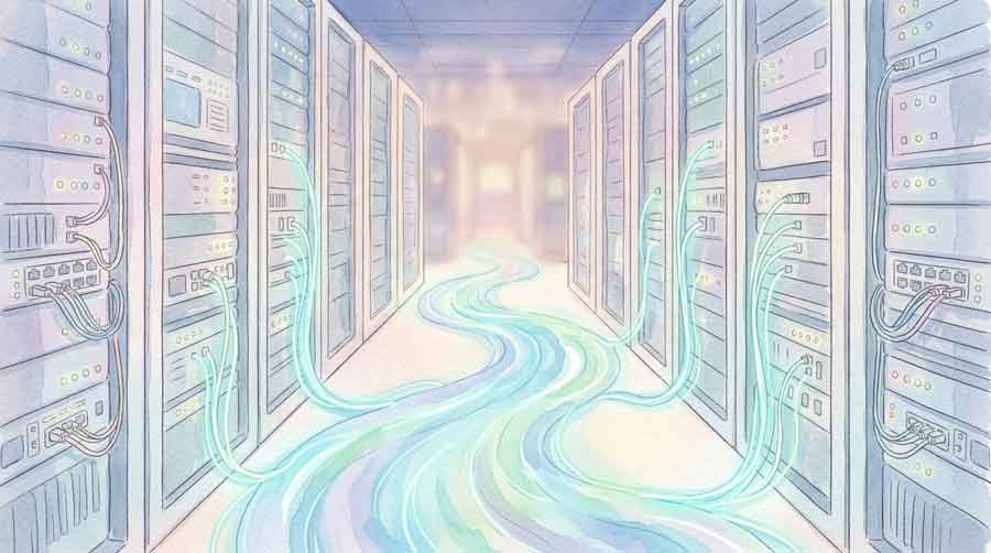 光の粒子が流れるデータセンターのサーバールームをイメージしたイラスト