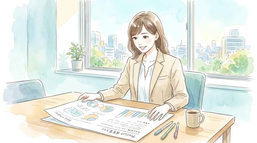 会議室でプロジェクトの計画書を広げて話し合う女性ビジネスパーソン