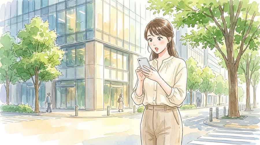 スマートフォンでニュースを見て驚いた表情の女性