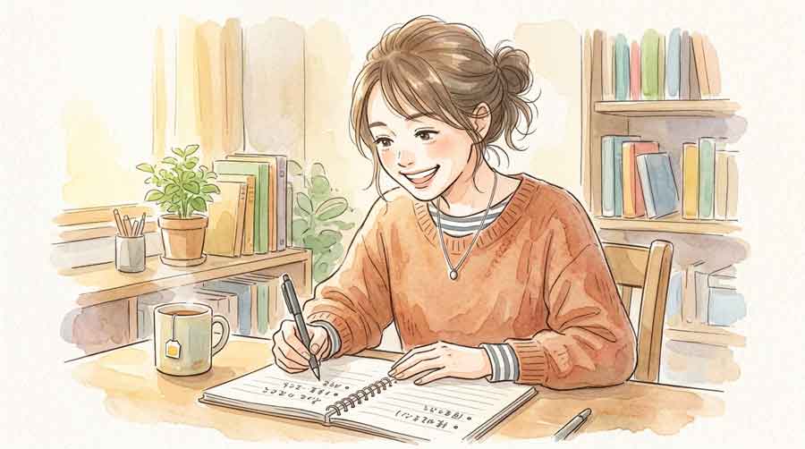 ノートに目標を書きながらにっこり笑う日本人女性