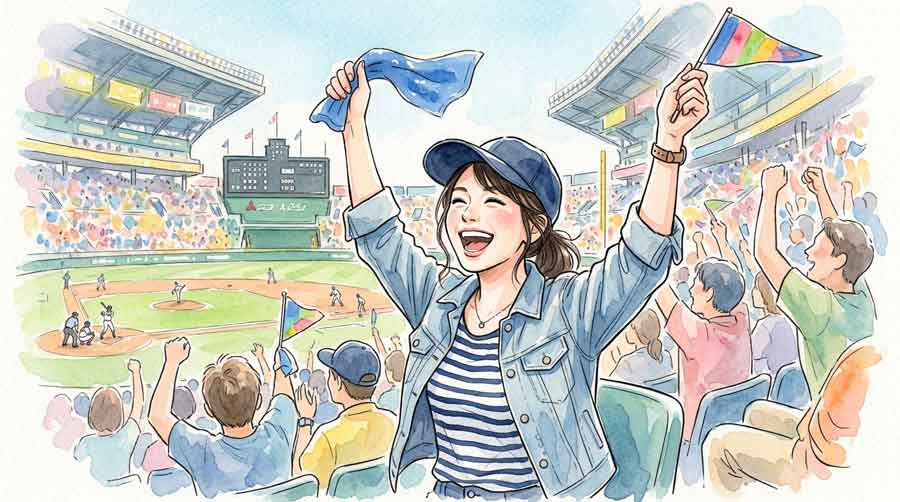野球観戦をして興奮した表情で喜ぶ日本人女性