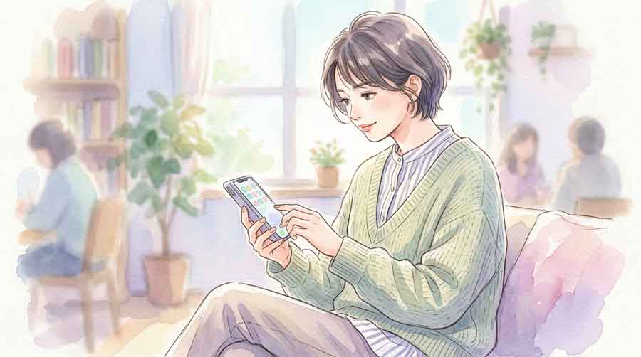 テーブルの上に置いたスマートフォンとコーヒーを見ながらほっとした表情の女性