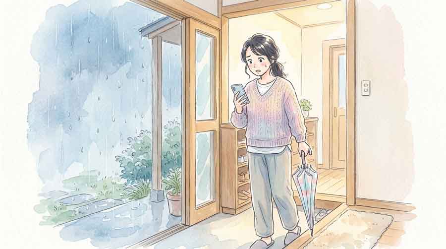 玄関で大雨をみてどうするか考えている