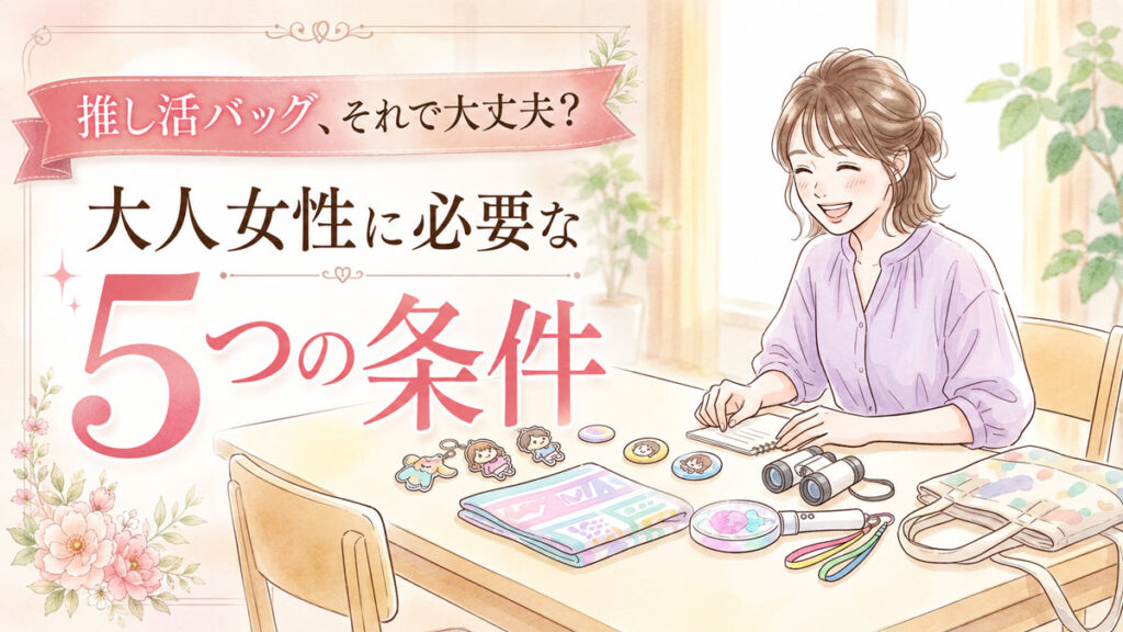 カラフルなグッズや双眼鏡をテーブルに広げて推し活の準備をする女性のイラスト